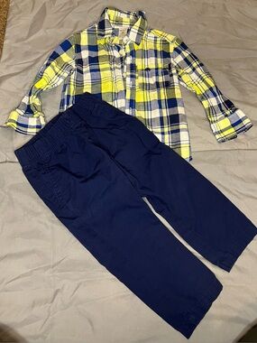Carter’s Boys 2T Plaid Long-Sleeve Shirt & Navy Pants Set Dinosaur Outfit
